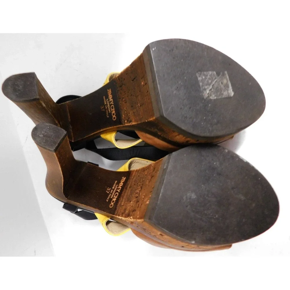 JIMMY CHOO Samos Yellow Patent Brown Leather Wood Platform Sandals sz 37
